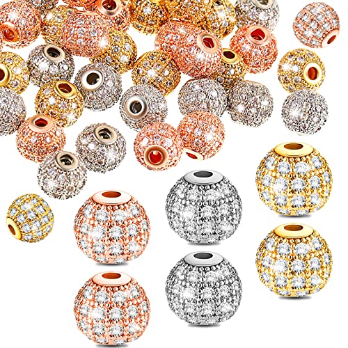Hinly 36 Pcs 8 mm Cubic Zirconia Beads CZ Rhinestone Beads Disco Ball Spacers Round Micro Pave Setting for DIY Charm Jewelry Making Bracelet, 3 Colors