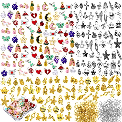 800 Pcs Charms for Jewelry Making Assorted Gold Plated Earring Charms Mixed Tibetan Style Enamel Charm Pendants Open Jump Ring with Storage Box for DIY Necklace Bracelet Keychain Jewelry Crafting