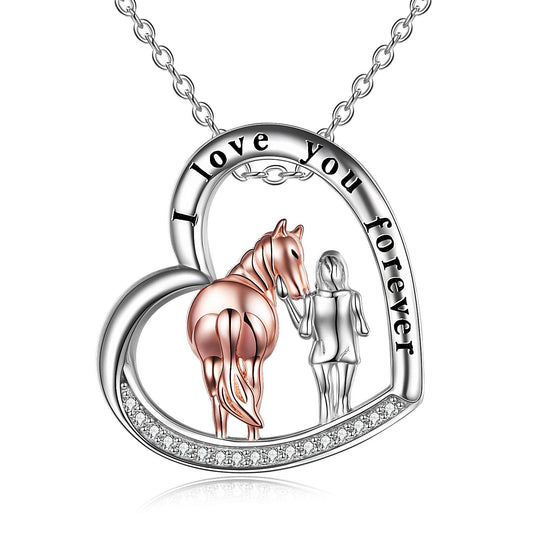 S925 Sterling Silver Horse Necklace Heart Pendant Jewelry Gift For Women Girls (Back of Horse with Girl)