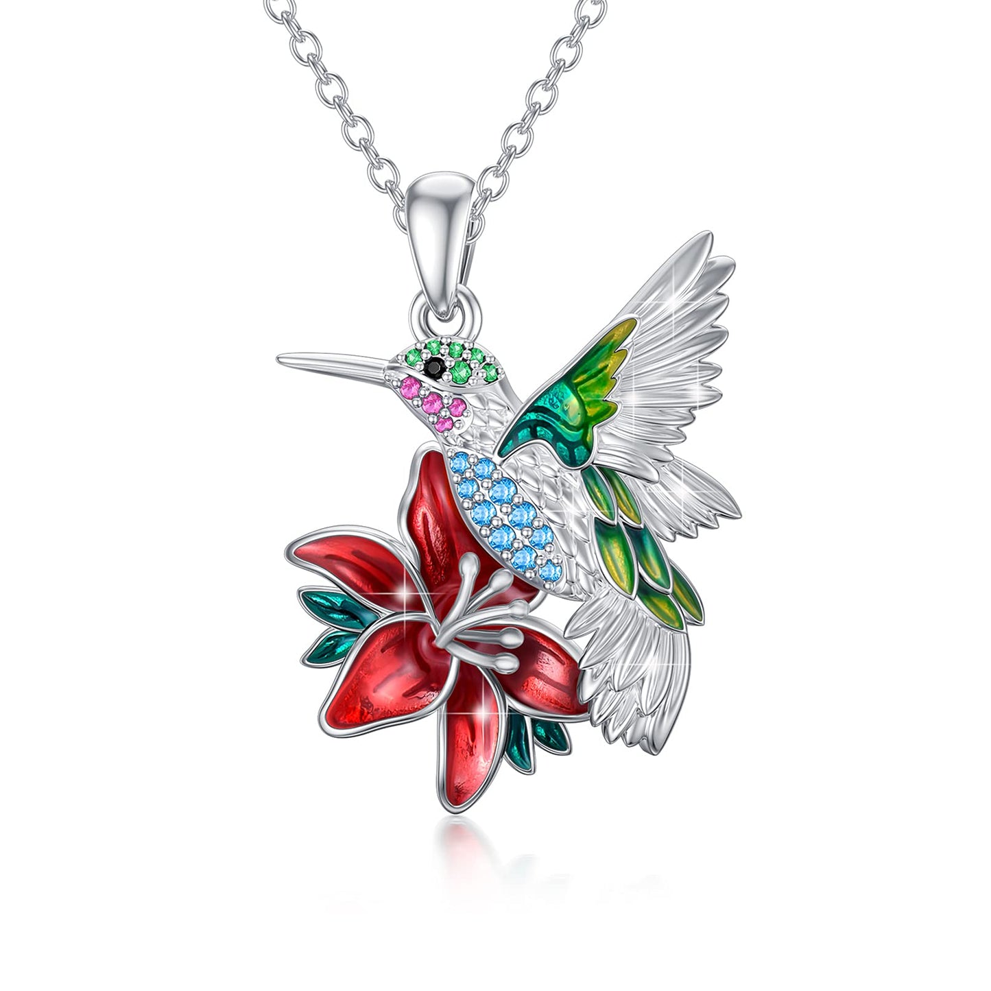 PEIMKO Hummingbird Necklace Enamel Hummingbird Pendant Necklace Sterling Silver Cute Aniamal Bird Necklace with Flower Bird Pendant for Women Girl