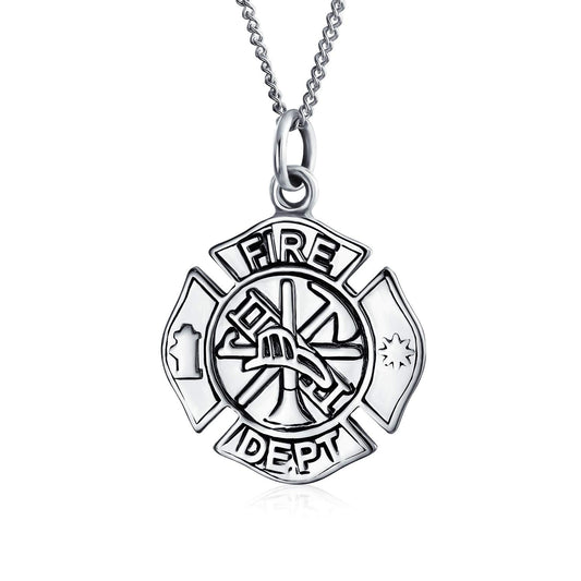 Bling Jewelry Round Small Firefighter Fire Dept Shield Medallion Pendant Necklace For Firemen Wife For Women Sterling Silver 16 Inch
