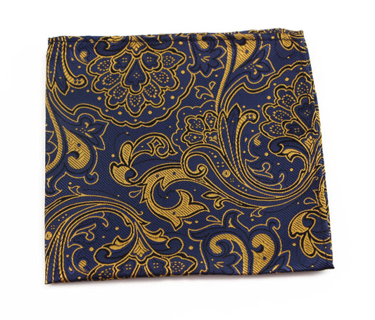 Mens Navy & Apricot Boho Paisley Silk Pocket Square
