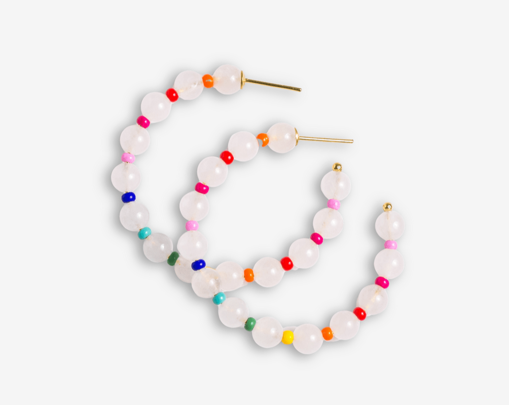 Angela Round Stones With Alternating Seed Bead Hoop Earrings-White