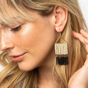 Black Gold Ivory Color Block Fringe on Triangle Earrings
