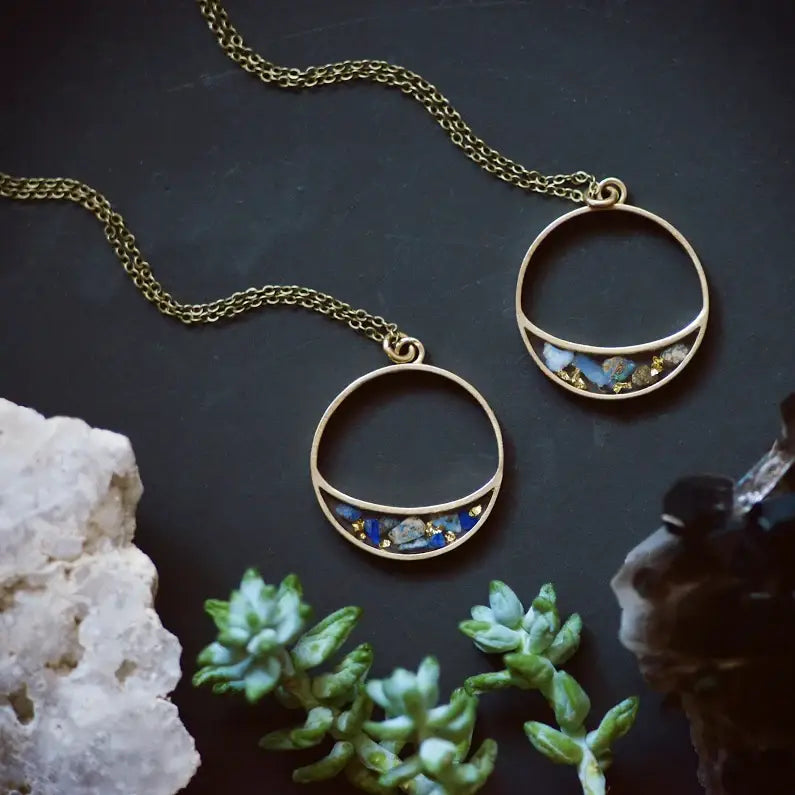 Cameoko Long Crescent Crushed Gemstone Inlay Necklace