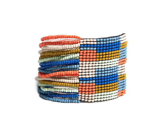 Olive Checkered Stripe Beaded Stretch Bracelet Coastal