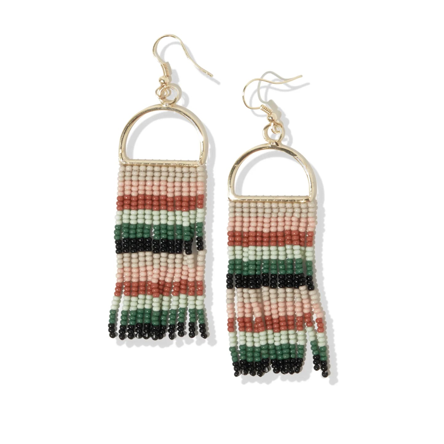 Green Mint Black Horizontal Stripe On Arch Fringe Seed Bead Earrings