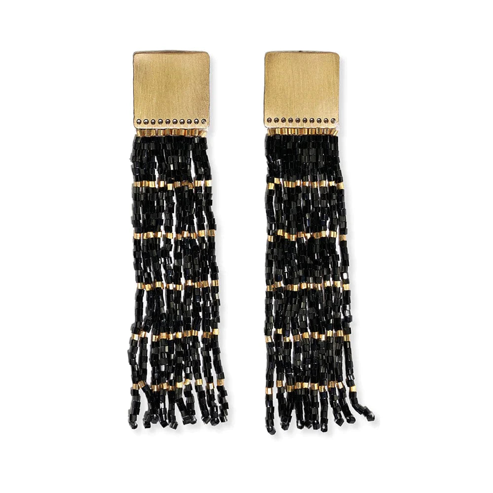 Harlow Brass Top Solid With Gold Stripe Beaded Fringe Earrings Black