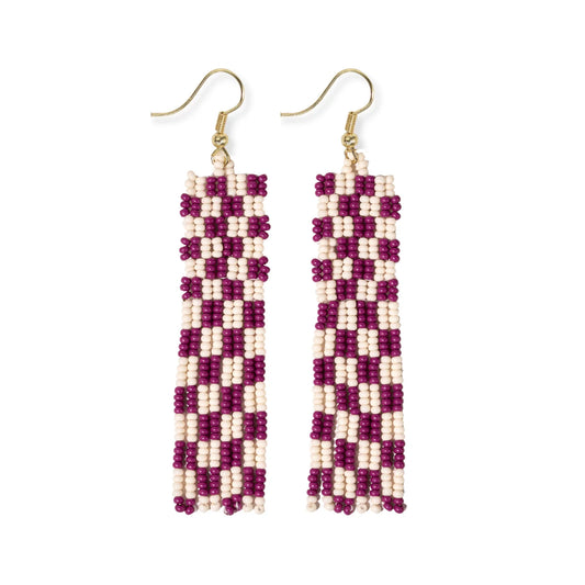 Harriet Woven Top Gingham Beaded Fringe Earrings Magenta
