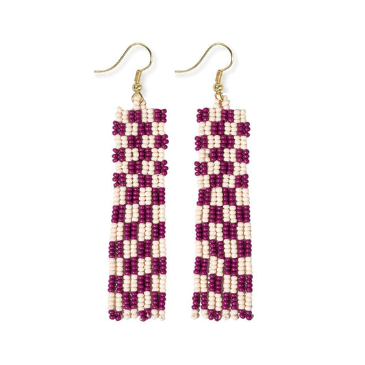 Harriet Woven Top Gingham Beaded Fringe Earrings Magenta