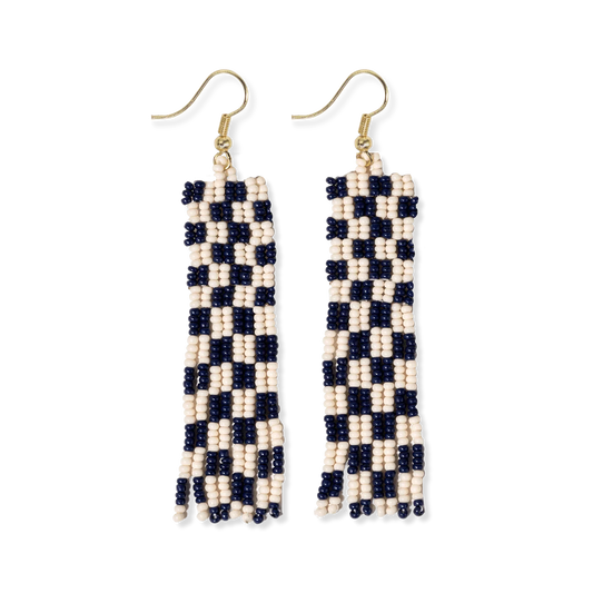Harriet Woven Top Gingham Beaded Fringe Earrings Navy