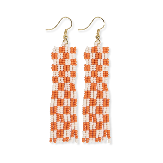 Harriet Woven Top Gingham Beaded Fringe Earrings Orange