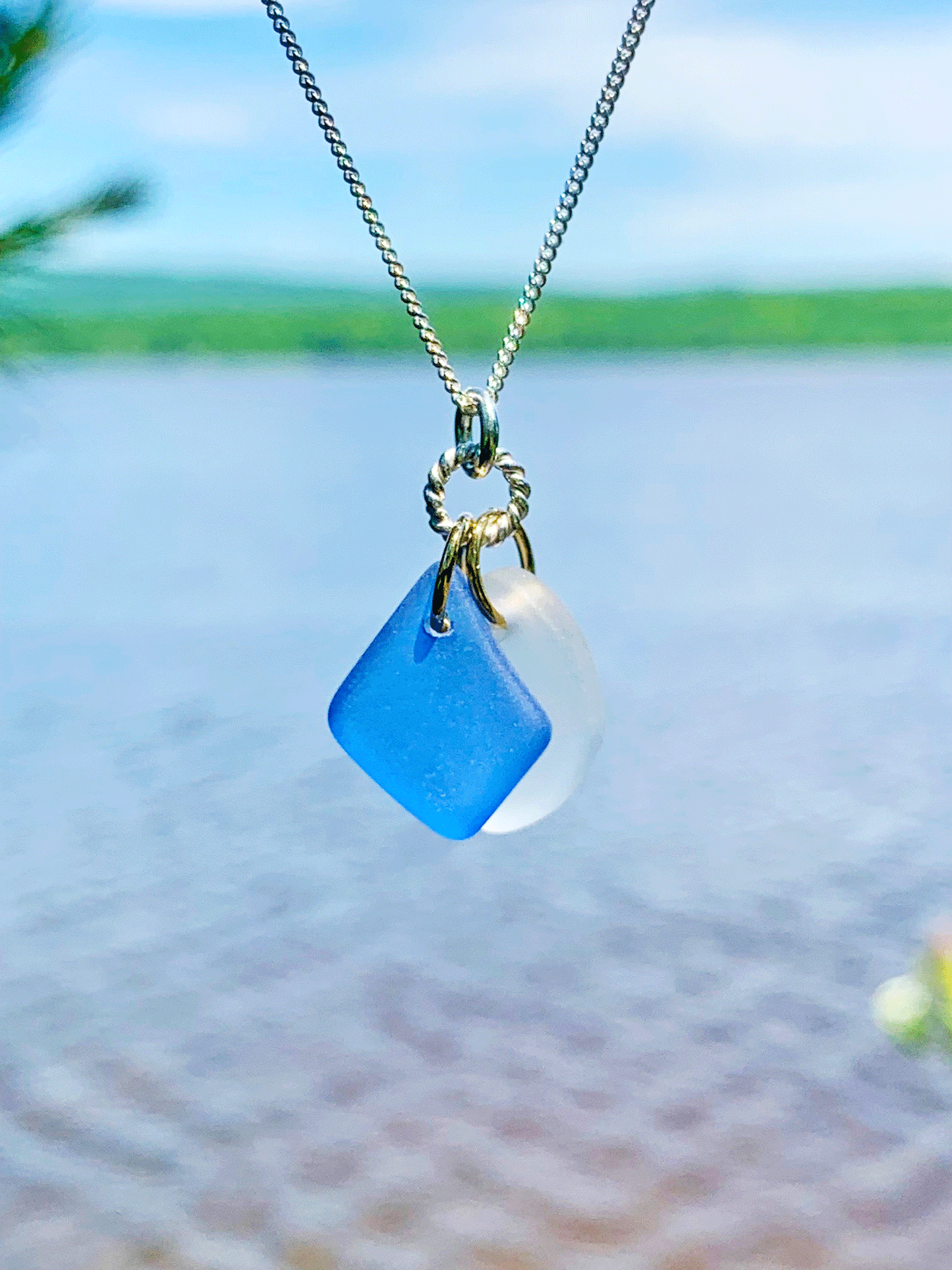 Blue/White Sea Glass Double Pendant