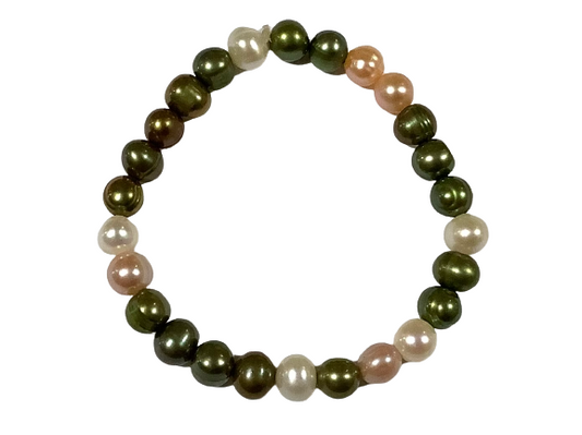 Green, Pink & White Beaded Stretch Vintage Bracelet