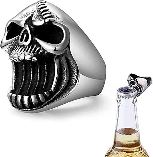 LAOYOU Skull Ring, Mens Skull Rings for Men Vintage Solid Gothic Punk Rock Biker Rings Surgical Stainless Steel Jewelry Creative Beer Bottle Opener Antique Great Christmas Gifts Halloween Size 10