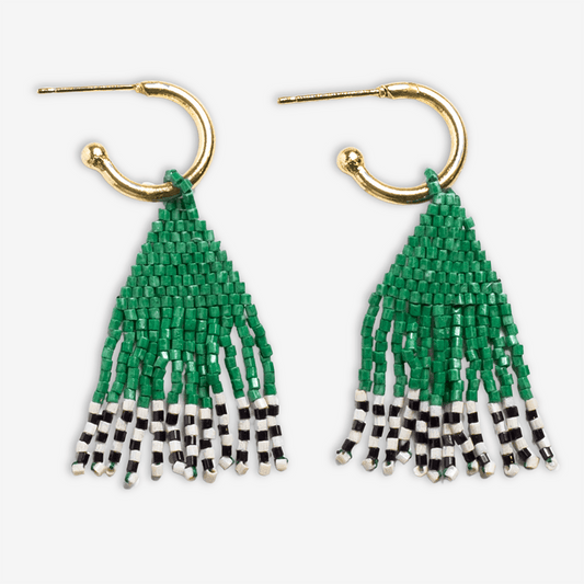 Leta Mini Gold Hoop Solid with Black/White Fringe Earrings- Kelly Green