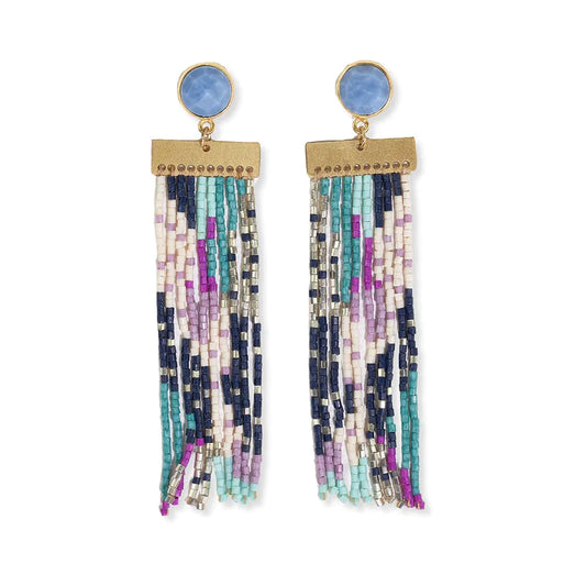 Lilah Semi-Precious Stone Post With Organic Shapes Beaded Fringe Earrings Light Blue