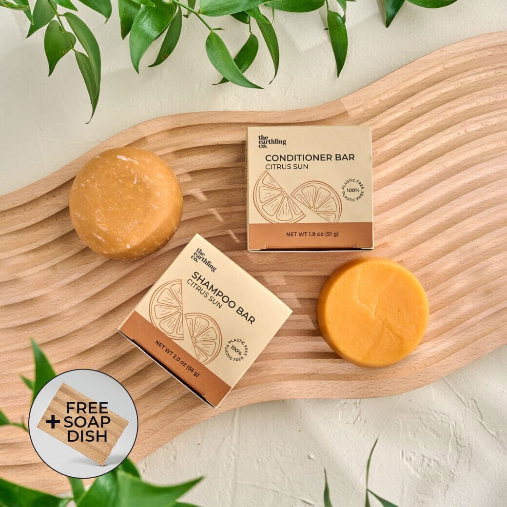Shampoo & Conditioner for Hair Strength and Moisture + Free 4" Wooden Soap Dish Citrus Sun