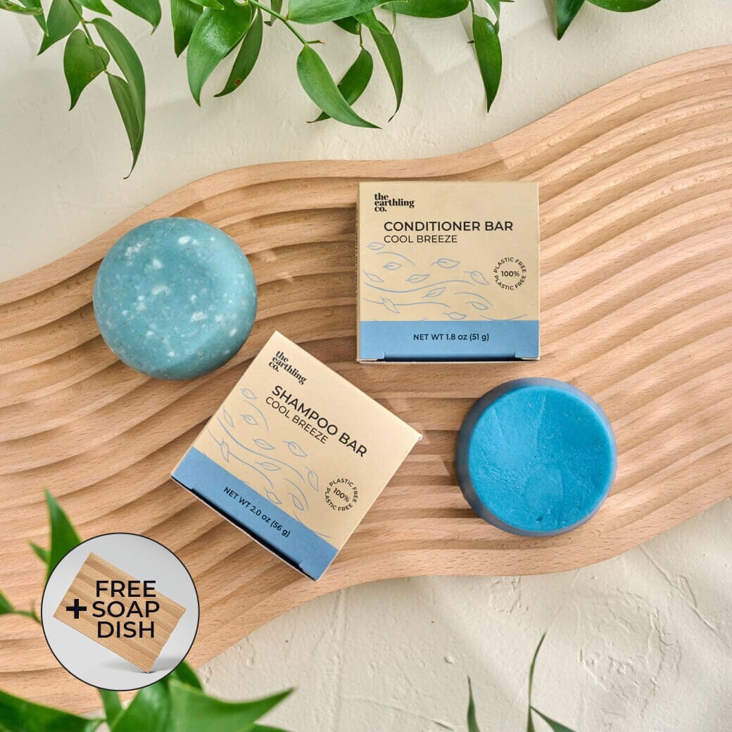 Shampoo & Conditioner for Hair Strength and Moisture + Free 4" Wooden Soap Dish Cool Breeze