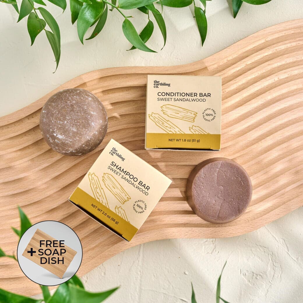 Shampoo & Conditioner for Hair Strength and Moisture + Free 4" Wooden Soap Dish Sweet Sandalwood