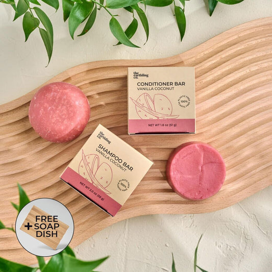 Shampoo & Conditioner for Hair Strength and Moisture + Free 4" Wooden Soap Dish Vanilla Coconut